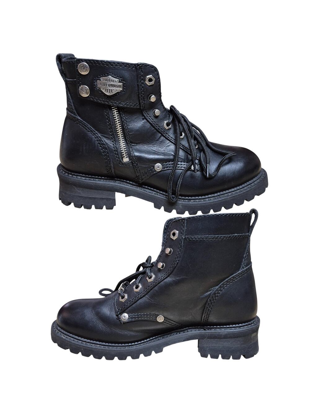 Harley Davidson Black Leather Side Zip Lace Up Buckle Lug Sole MOTO Boots 8 1/2